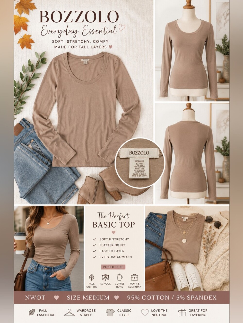 Bozzolo Women’s Medium Taupe Long Sleeve Top Stretch Fall Layering Basic NWOT